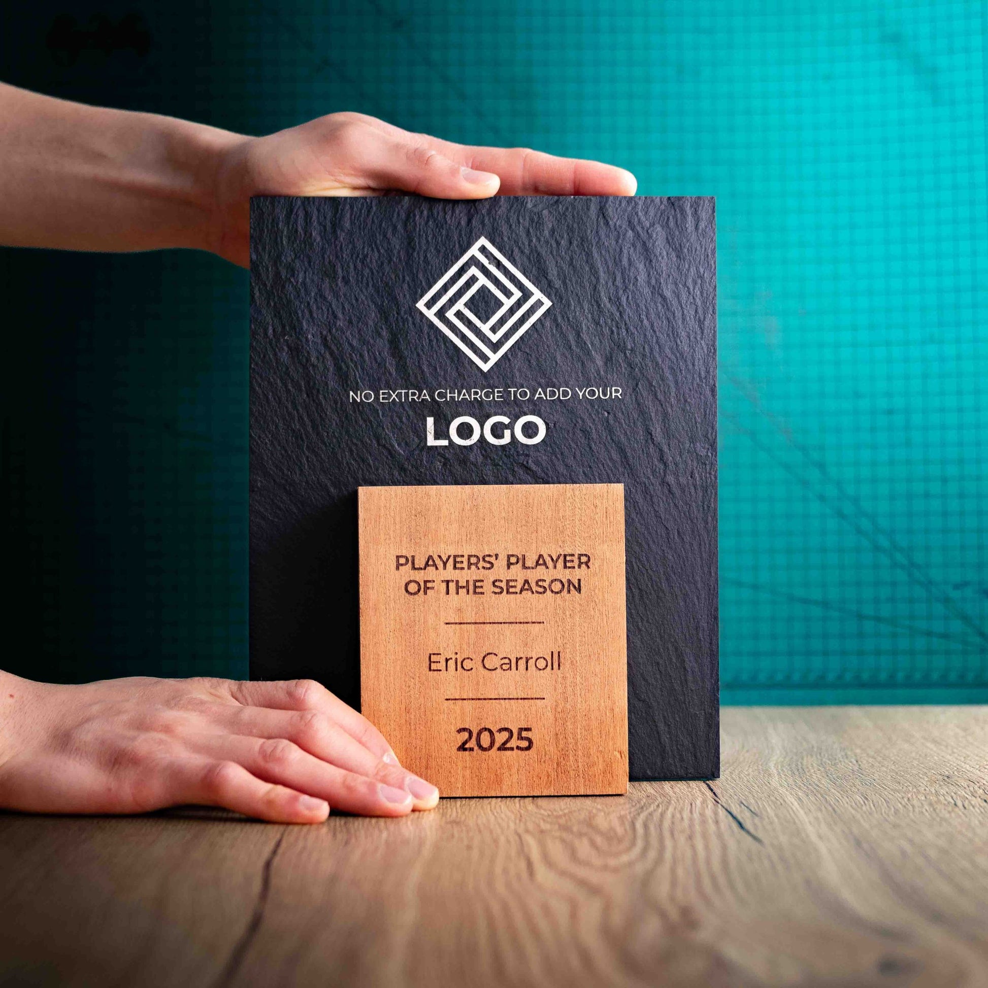 A Large Sarsen Award, a laser engraved, eco-friendly, wooden and slate trophy