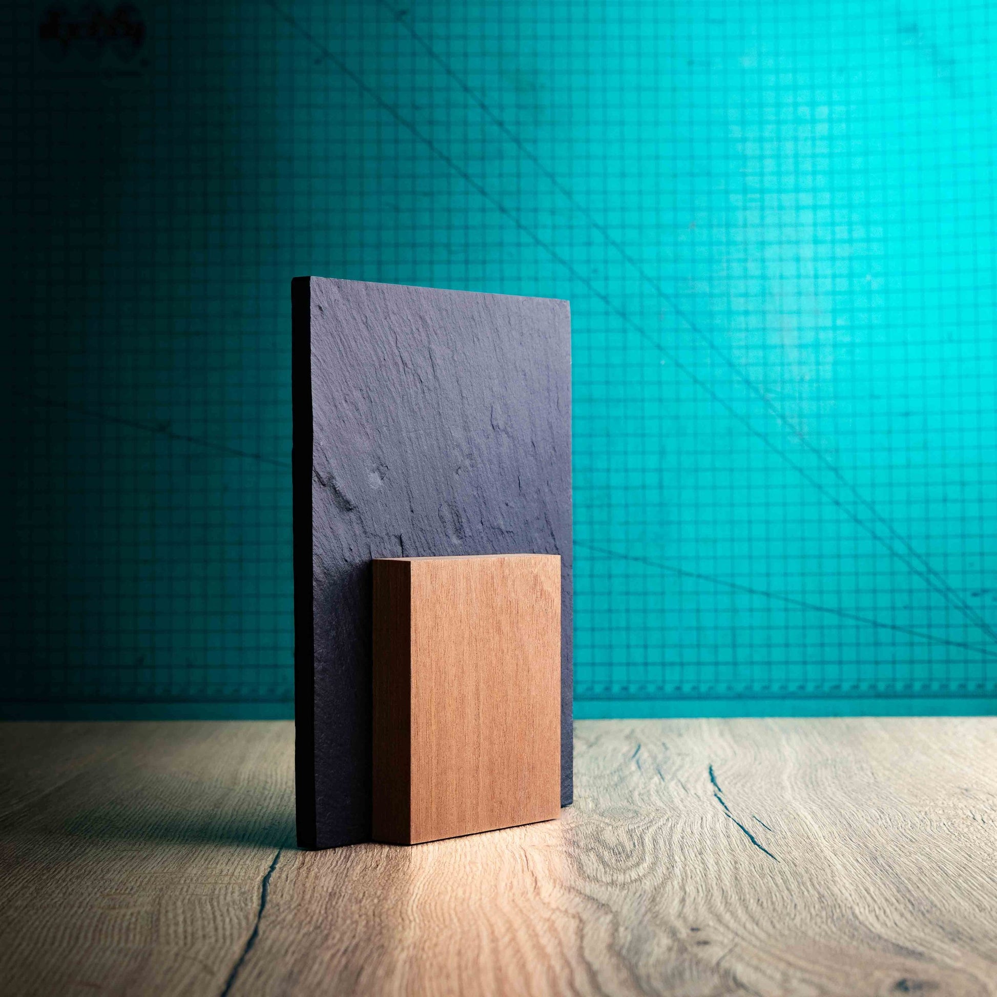A side angle of a Medium Sarsen Award, a laser engraved, eco-friendly, wooden and slate trophy