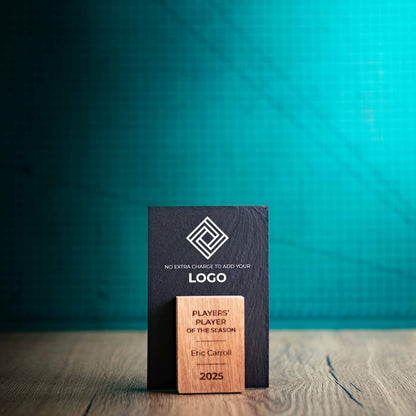 A Midi Sarsen Award, a laser engraved, eco-friendly, wooden and slate trophy