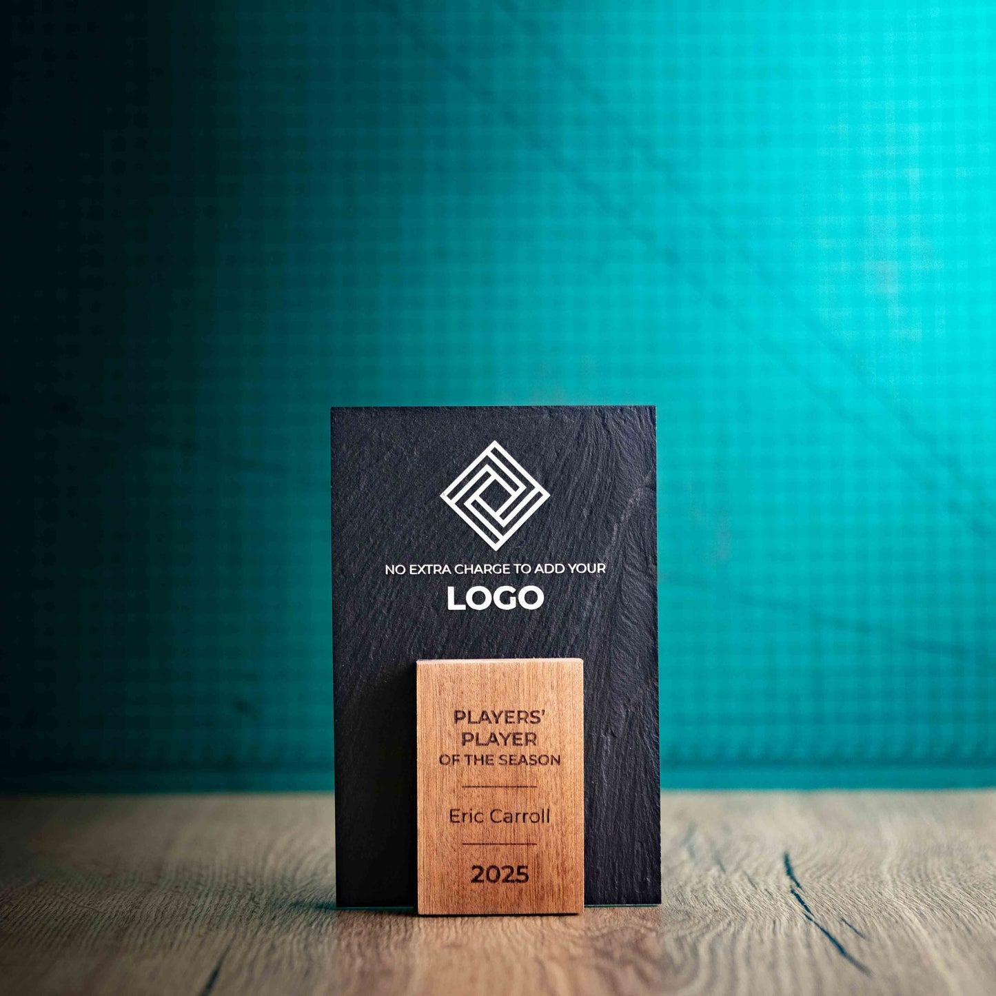 A Small Sarsen Award, a laser engraved, eco-friendly, wooden and slate trophy