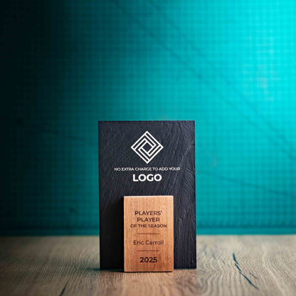 A Small Sarsen Award, a laser engraved, eco-friendly, wooden and slate trophy