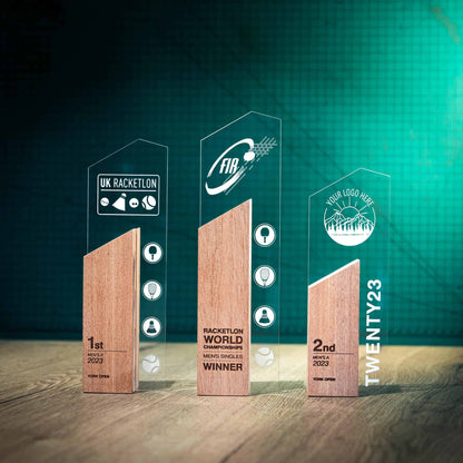 Three Sky Trophies, an artistic personalised laser engraved perspex trophy with an eco-friendly wooden base