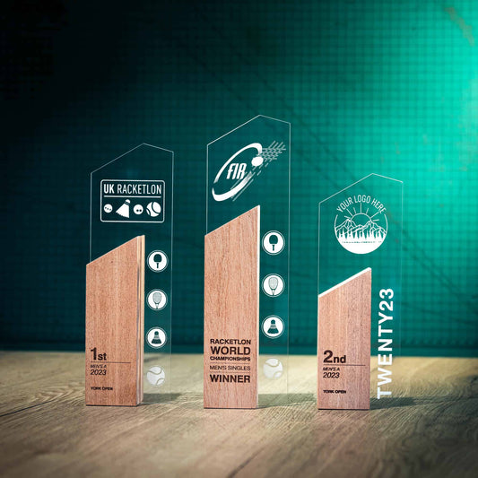 Three Sky Trophies, an artistic personalised laser engraved perspex trophy with an eco-friendly wooden base