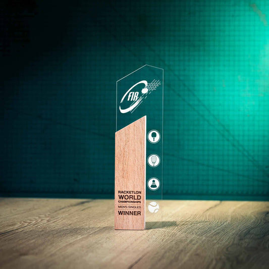 Large Sky Trophy, an artistic personalised laser-engraved perspex trophy with an eco-friendly wooden base