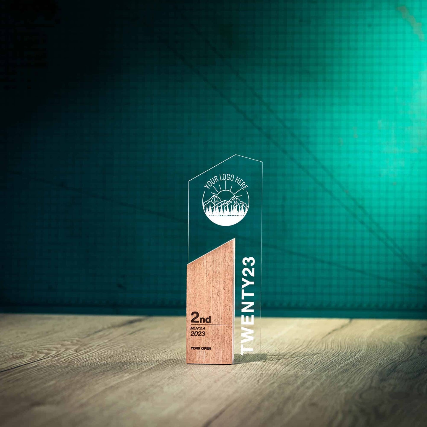 Small Sky Trophy, an artistic personalised laser-engraved perspex trophy with an eco-friendly wooden base