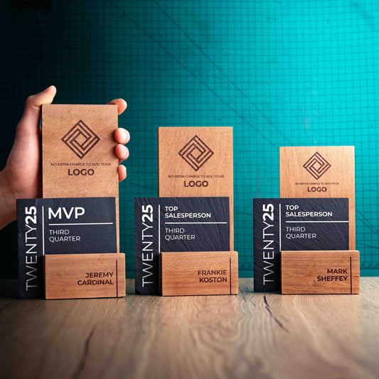 Three laser engraved, eco-friendly, wooden and slate trophies called Skyline