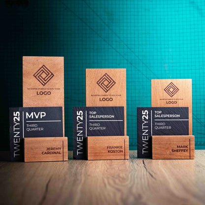 Three laser engraved, eco-friendly, wooden and slate trophies called Skyline