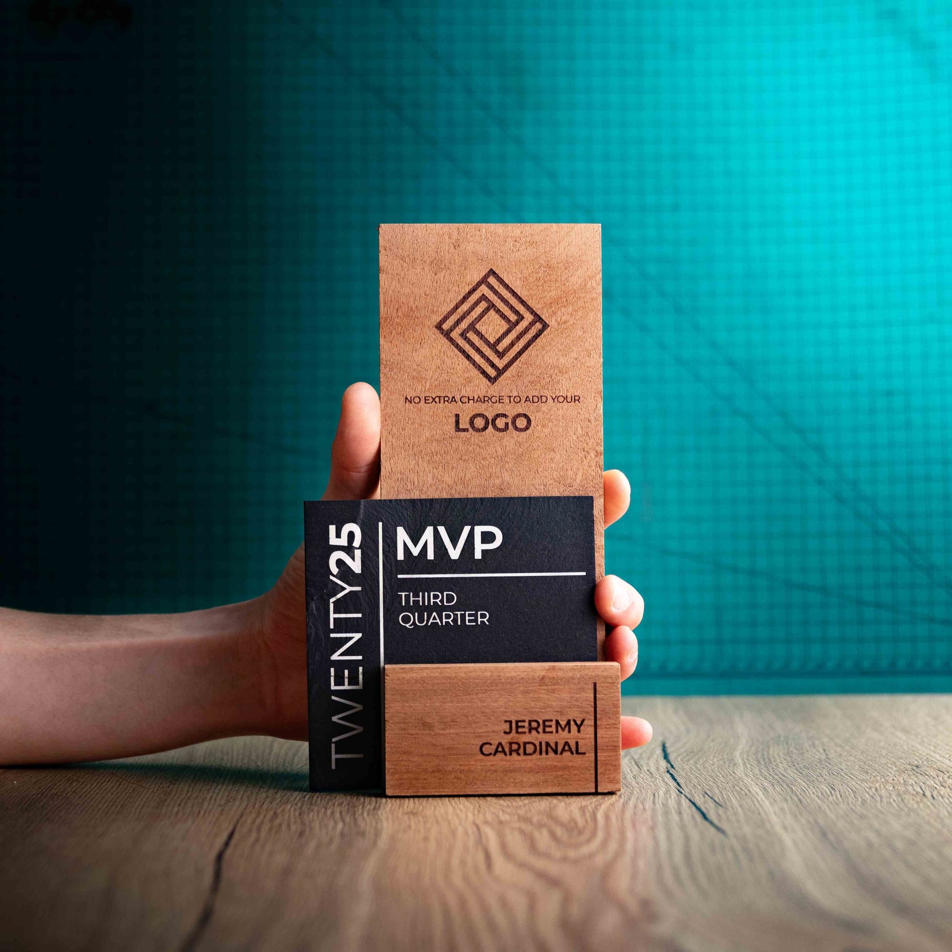 A Large Skyline Award, a laser engraved, eco-friendly, wooden and slate trophy