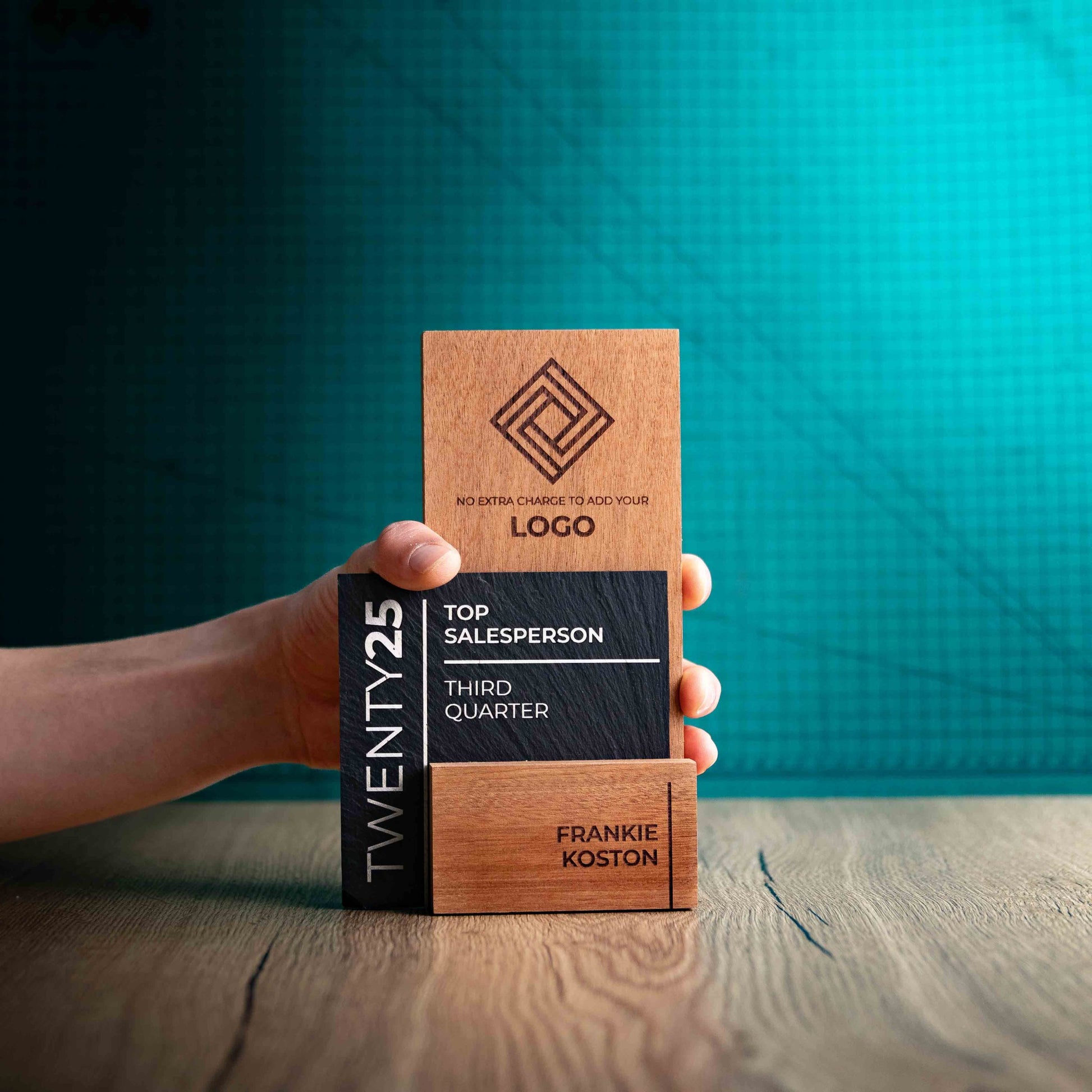A Medium Skyline Award, a laser engraved, eco-friendly, wooden and slate trophy