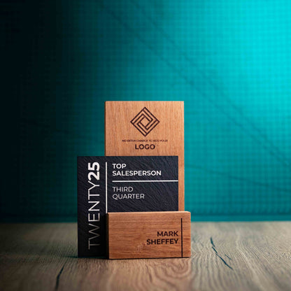 A Small Skyline Award, a laser engraved, eco-friendly, wooden and slate trophy