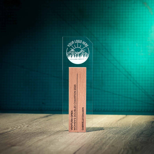 Large Tower Trophy, an artistic personalised laser-engraved perspex trophy with an eco-friendly wooden base