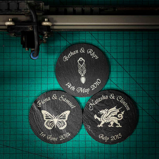 A trio of personalised laser engraved Welsh slate coasters