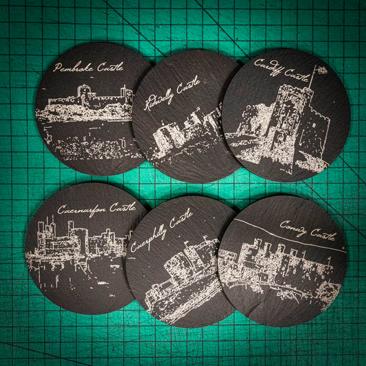 Six laser engraved Welsh slate coaster with images of Welsh Castles
