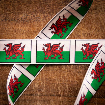 Welsh Flag ribbon, a ribbon option for our range of Eco-friendly wooden medals and slate medals.