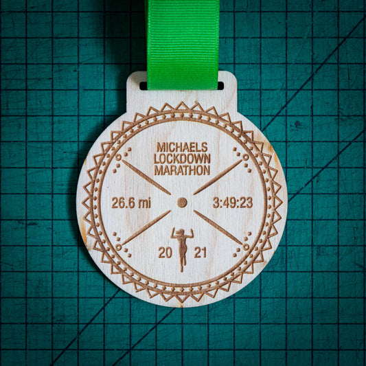 A laser engraved personalised Eco-friendly wooden medal