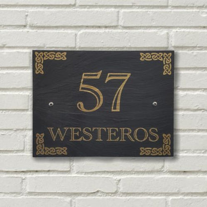 A rectangular Welsh Slate House Plaque with a color filled house number and a celtic knot boarder