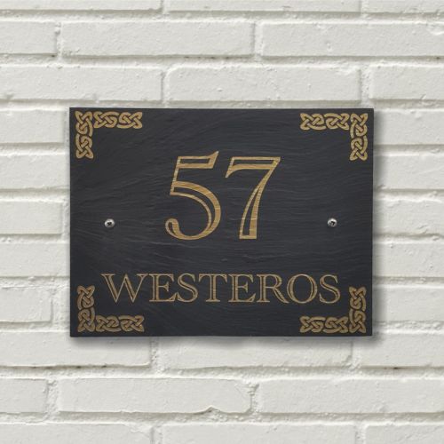 A rectangular Welsh Slate House Plaque with a color filled house number and a celtic knot boarder